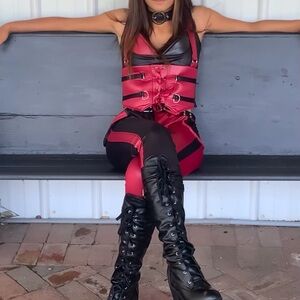 Red and Black Leather Corset Top with Matching Pants